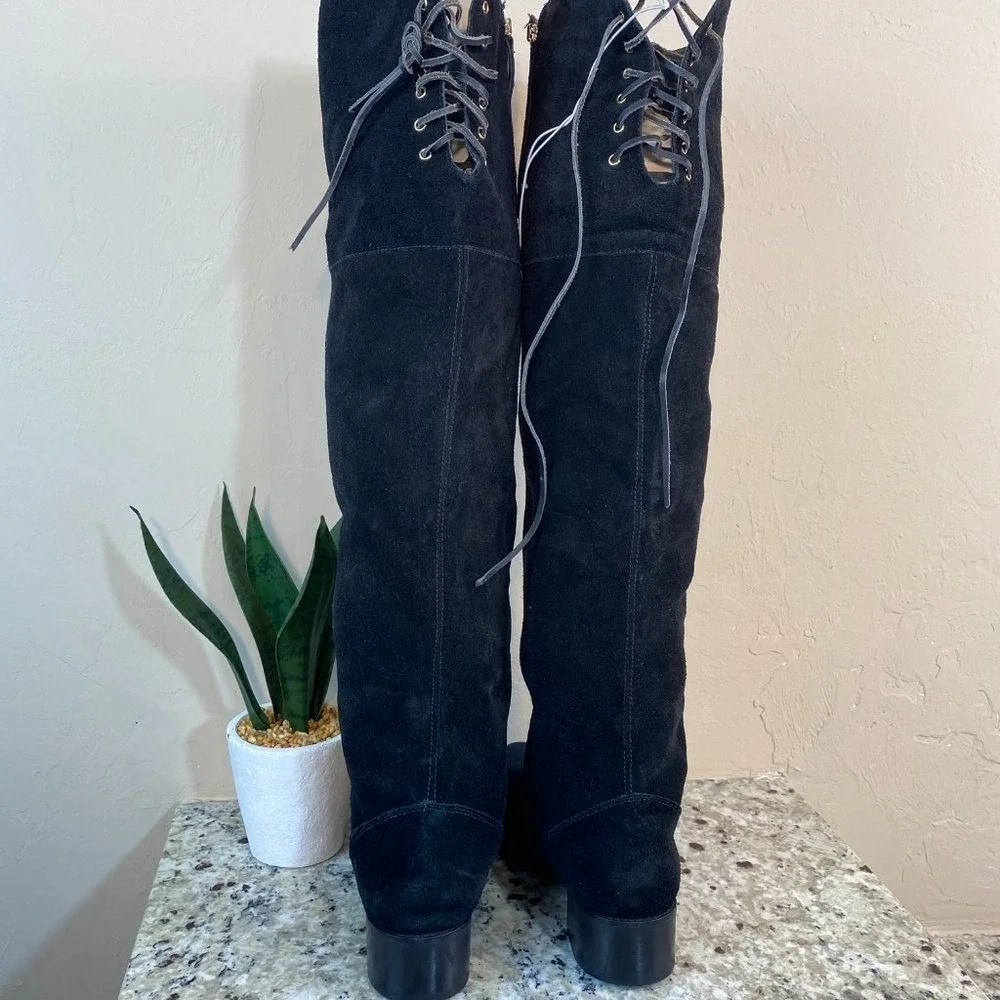Womens Black‎ Suede Over The Knee Boots Lace Up Back Block Heel Size 8